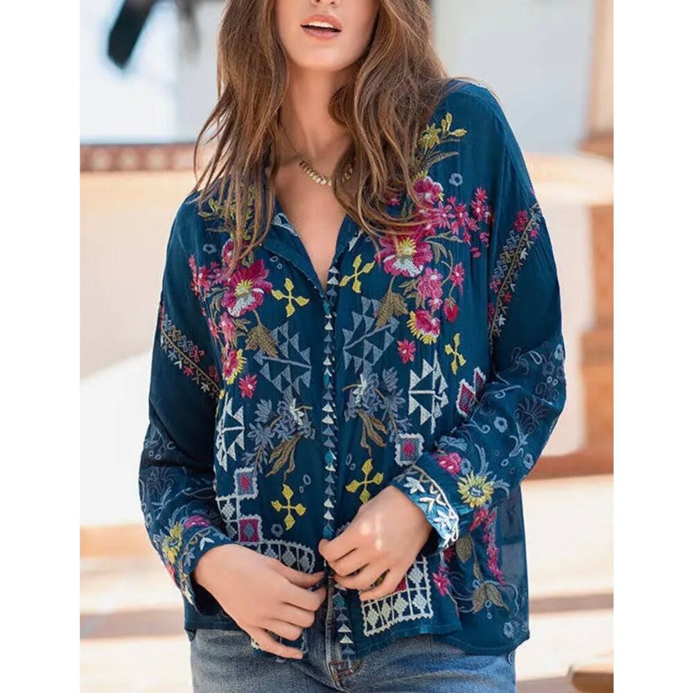 Johnny Was Navy Floral Embroidered Top